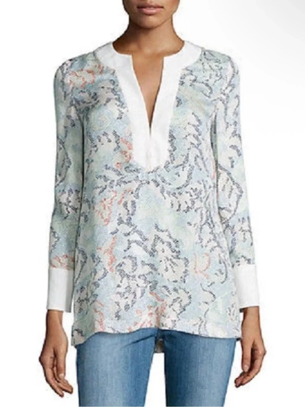 Tory Burch Dahlia Jacquard Tunic Top 100% Silk Women’s 2 Split-Neck Longsleeve